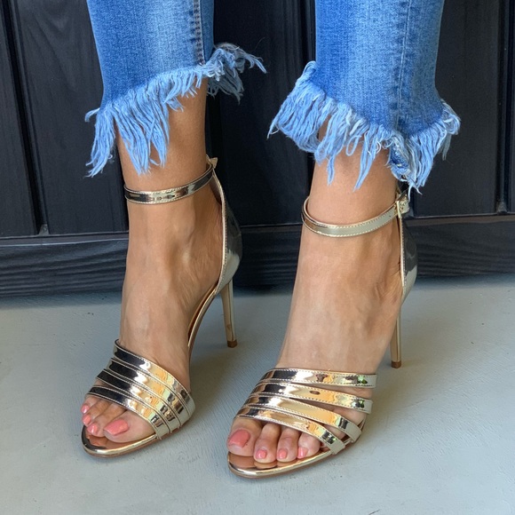 Liquid Drip Gold High Stiletto Heel Strappy Sandal - Picture 3 of 6